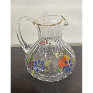 Vintage Clear Glass Water Pitcher Ribbed Gold Rim Fruit & Flower Motif Painted